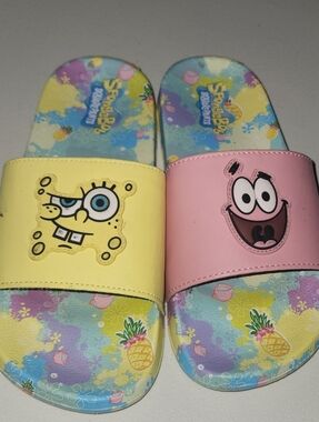Women's Slide Sandals - Yellow & Pink Spongebib Size 10